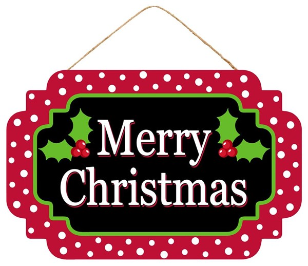 MDF Merry Christmas sign with red polka-dot border, black center, and holly accents.