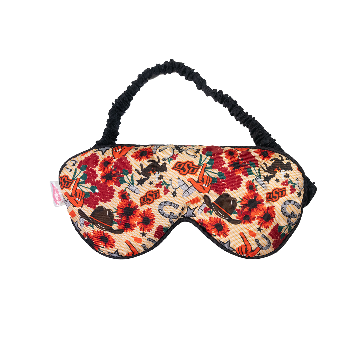 Silk twill sleep mask with Oklahoma State University pattern featuring flowers and cowboy motifs.