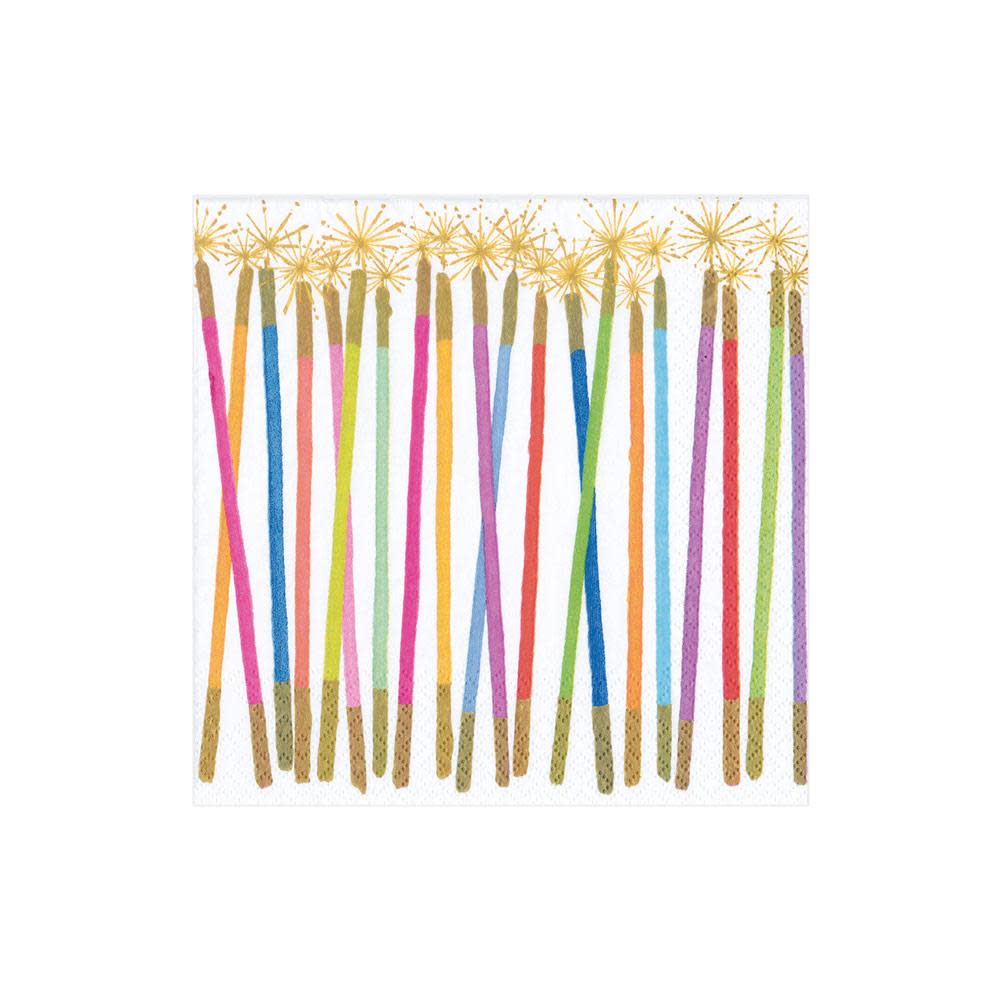 Party Candles Paper Cocktail Napkins featuring colorful, stylized candles with gold sparkler tops.