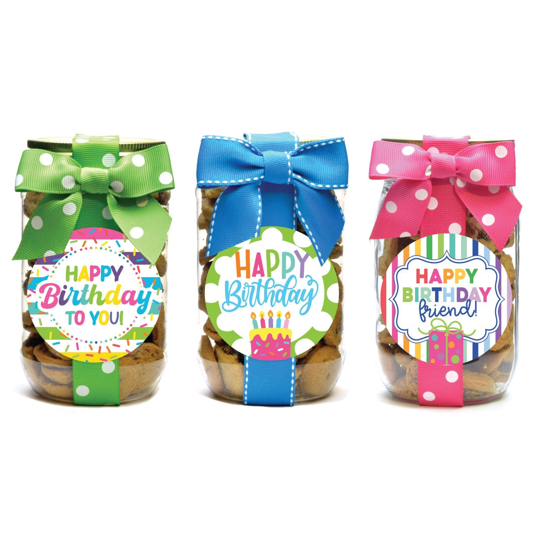 3-inch wide birthday cookie pint jar containing cookies with visible egg and milk ingredients.