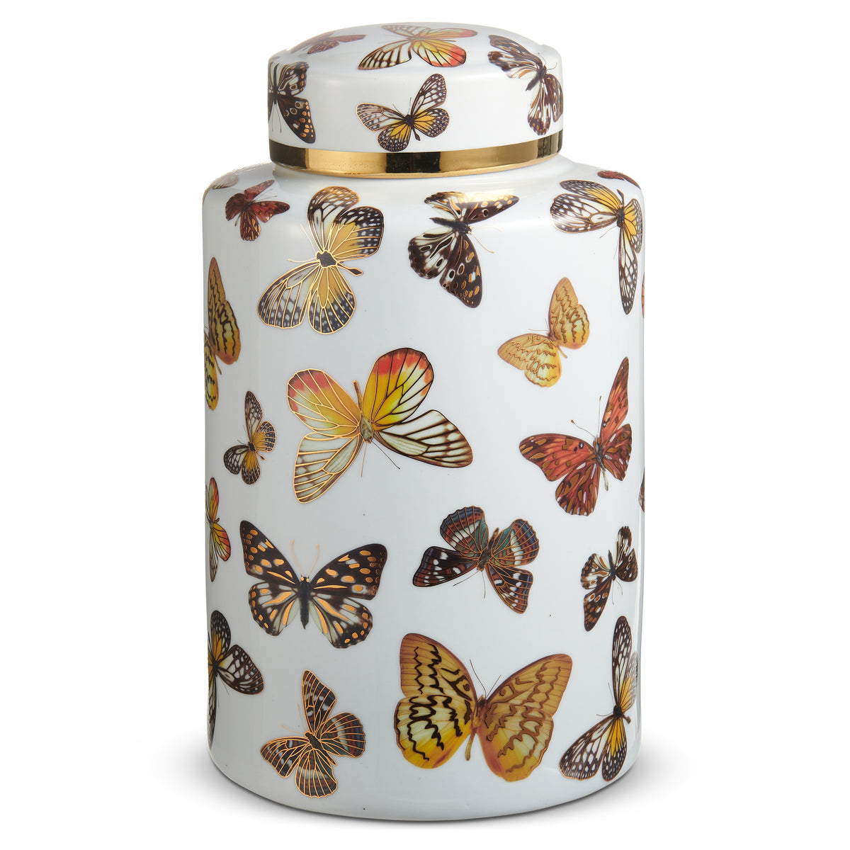 Clay butterfly-shaped jar with water seal lid measuring 7 inches wide by 12 inches tall.