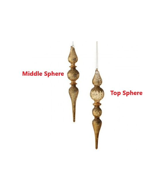 11 inch mercury glass finial ornaments with glitter accents in two assorted styles.