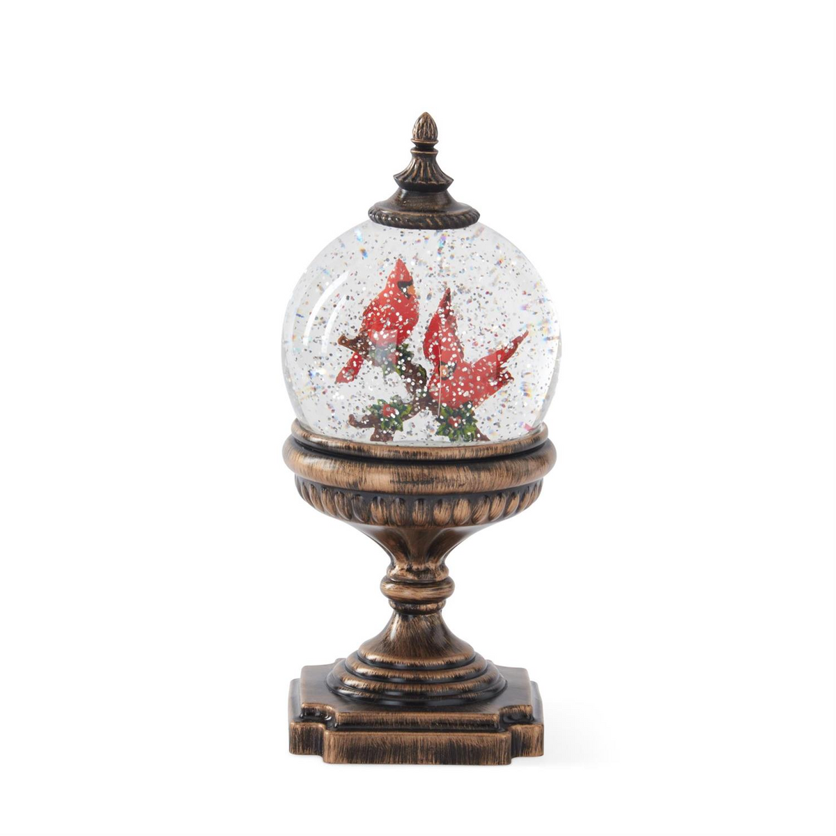 10.75 inch cardinal water spinning LED snow globe with two red birds on a bronze pedestal base.