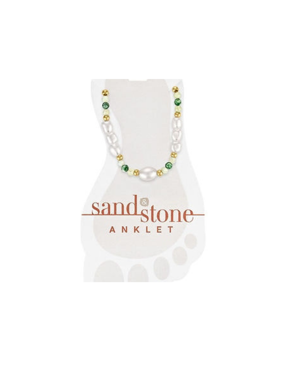 Gold Pearl and Green Facet Sand & Stone Anklet on a foot-shaped display card.