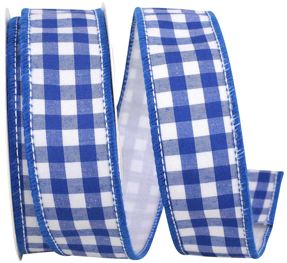 1-1/2 inch cobalt blue and white gingham wired edge ribbon on a spool.