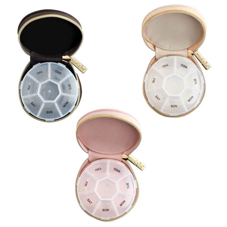 Foiled faux leather pill pouch with zipper closure featuring a removable weekly organizer insert.