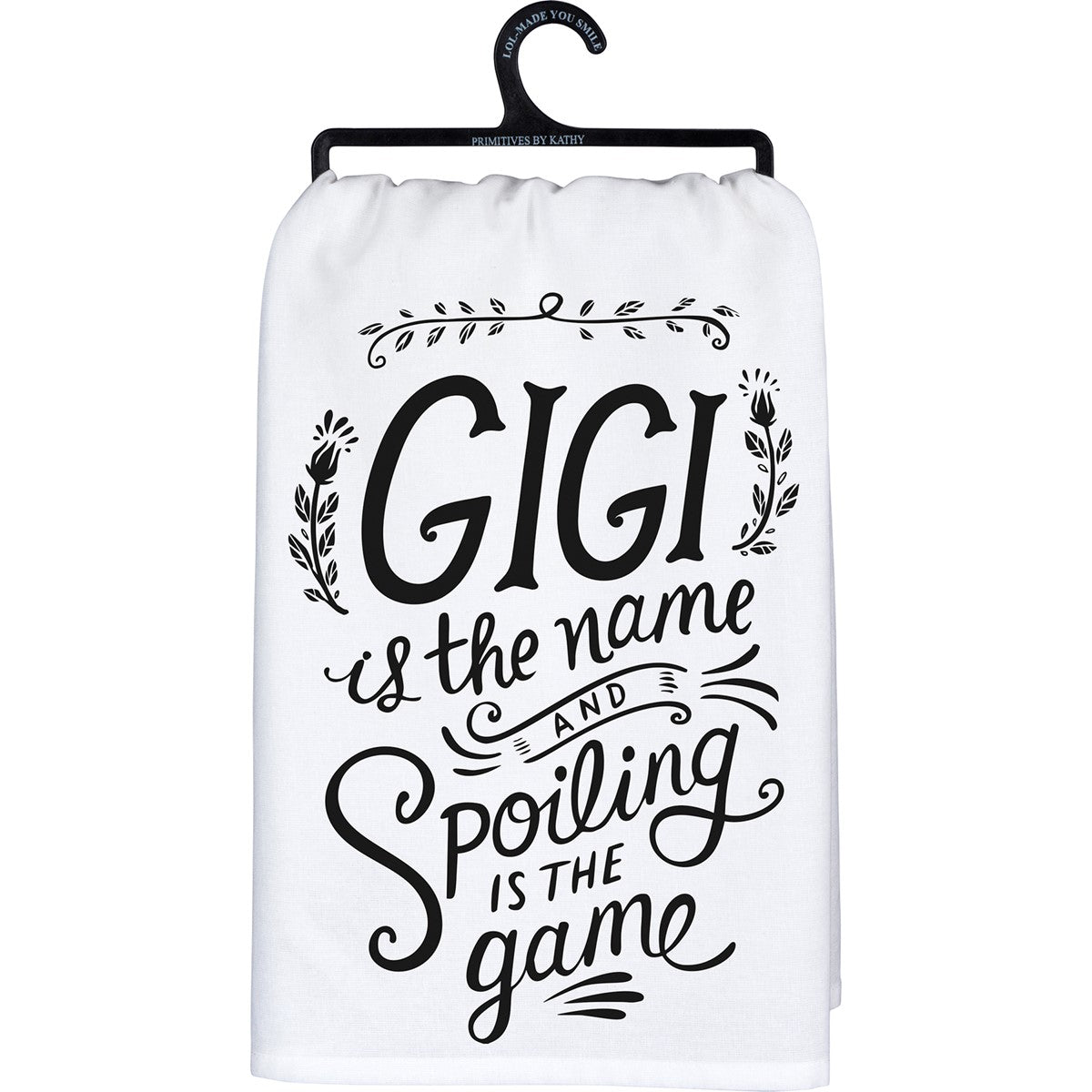 Black cotton kitchen towel with white text reading 'Remember As Far As Anyone Knows We Are A Nice & Normal Family'