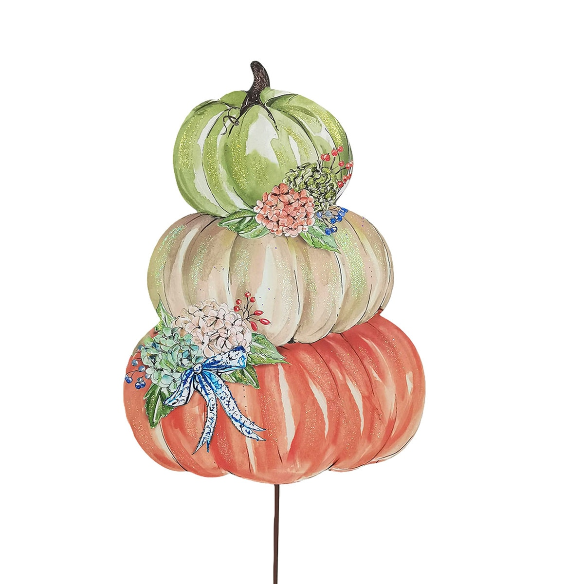 Autumn Feast Pumpkin Stack yard stake featuring three stacked pumpkins with floral accents.