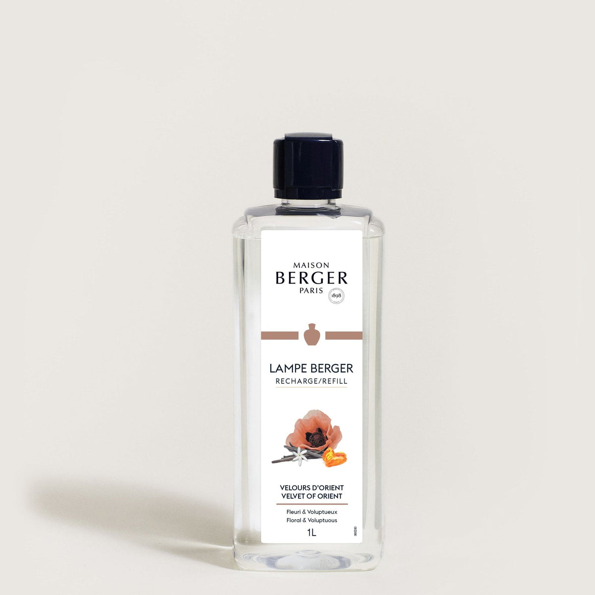 Maison Berger 1L Velvet of Orient Lampe Berger refill bottle with a floral illustration.