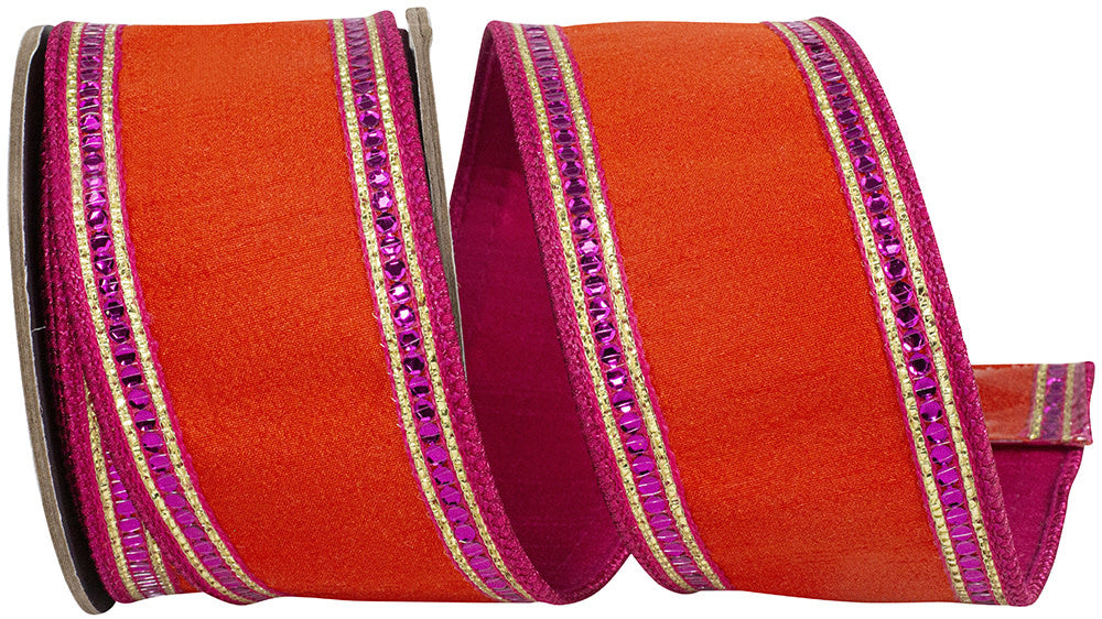 Dupioni ribbon with sequin trim, bold striped edges, wired structure in polyester.