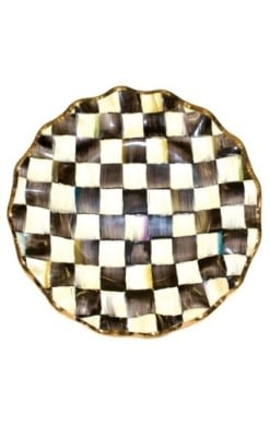 Hand-painted Courtly Check ceramic dinner plate with gold luster embellishments and fluted rim silhouette.