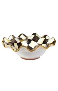 Hand-painted Courtly Check ceramic breakfast bowl with fluted rim in ivory and onyx tones featuring gold luster details.