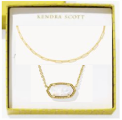 Kendra Scott Elisa and Courtney gold necklace gift set with a white iridescent pendant.