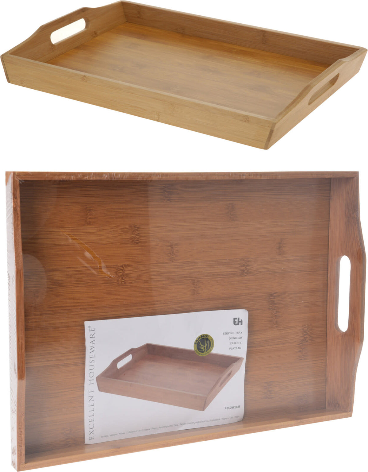 Rectangular bamboo serving tray with raised edges in natural wood tone.