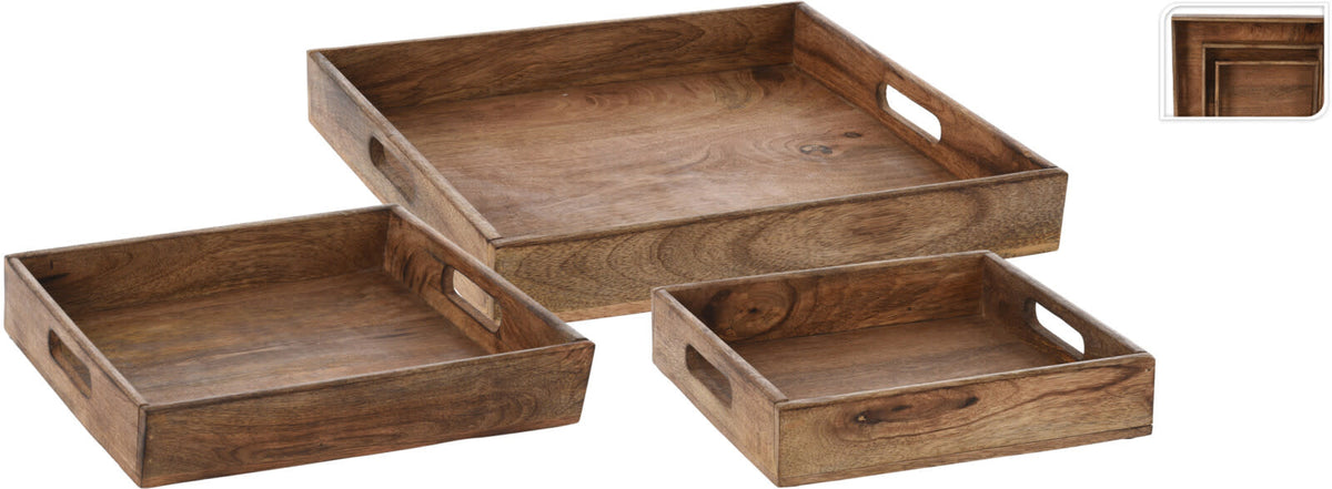 Dark burnt mango wood serving tray with open handles on sides