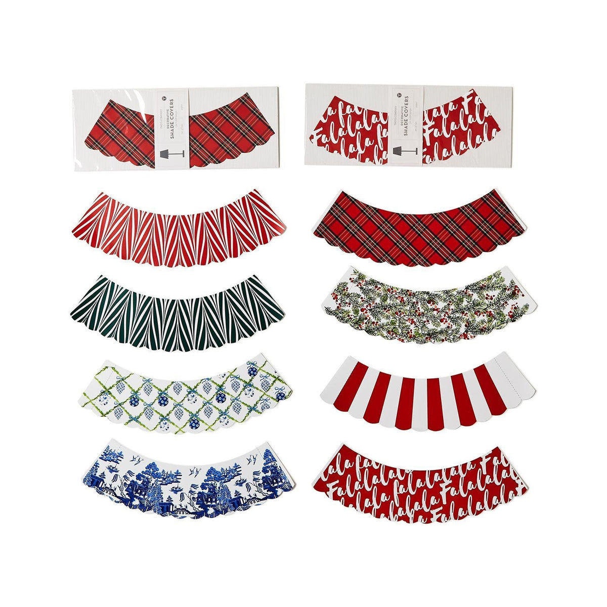 Set of two scalloped-edge paper shade covers in white with adhesive strips.