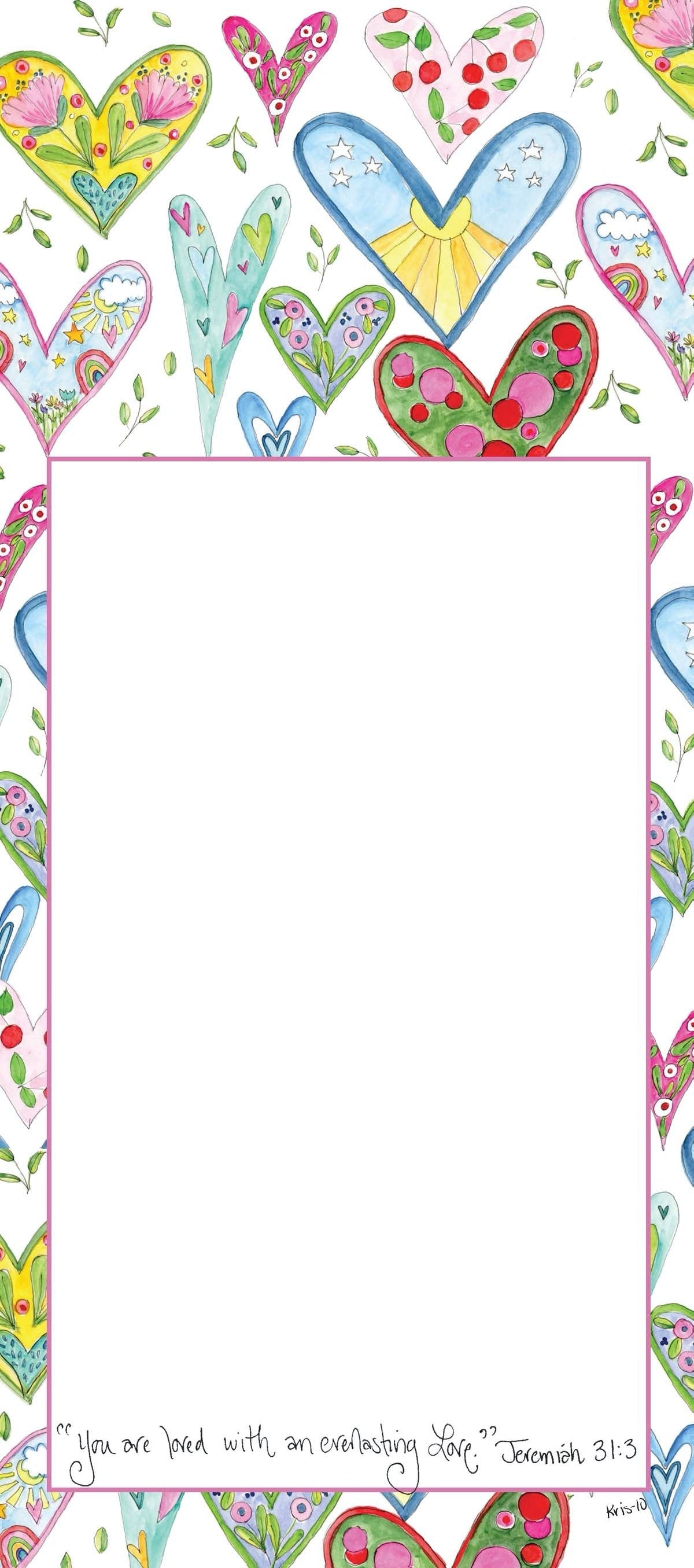 Skinny notepad with a pink border, featuring a watercolor heart pattern and a Bible verse at the bottom.
