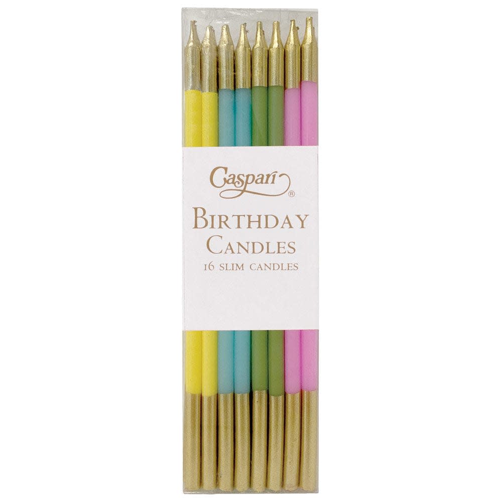 Set of sixteen Caspari Birthday Slims candles in mixed pastel colors with a classic silhouette.