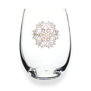 Clear stemless wine glass with jeweled embellishments around the rim