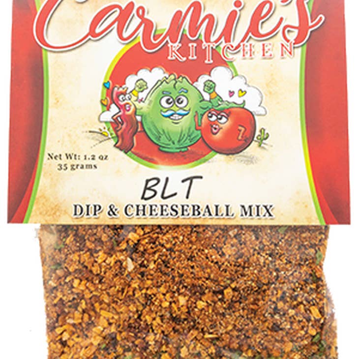 Carmie's Kitchen BLT Dip & Cheeseball Mix packet showing cartoon bacon, lettuce, and tomato.