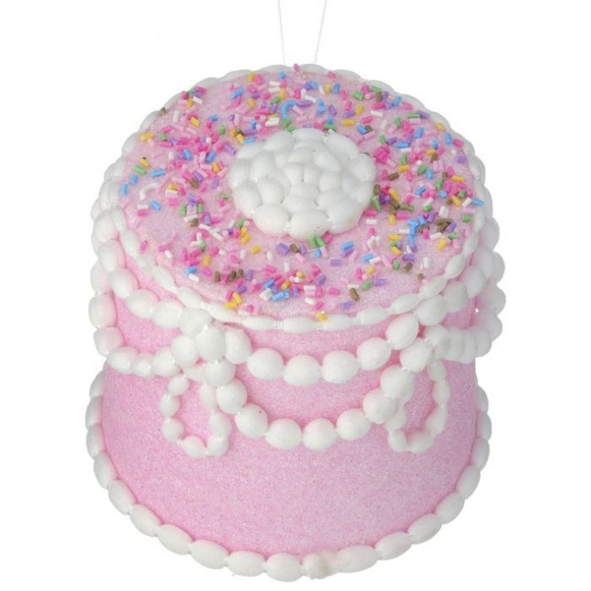 Five-inch pastel candy decorated cake ornament with a whimsical cupcake shape.