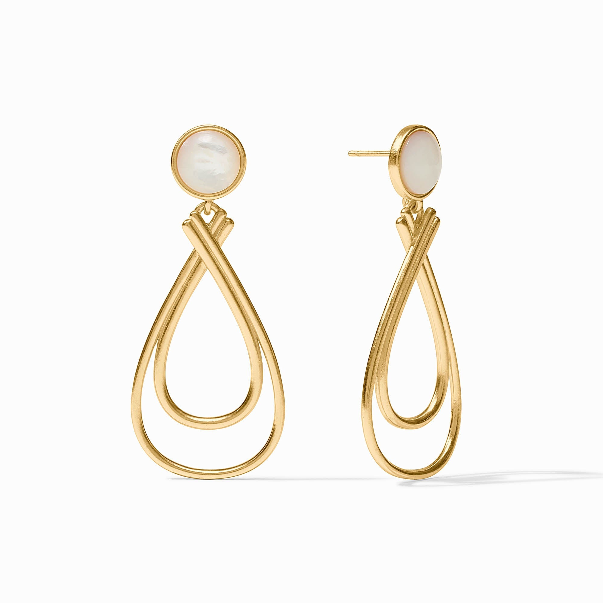 Essex Stone Earrings in 24K gold plate with mother of pearl studs and double teardrop dangles.