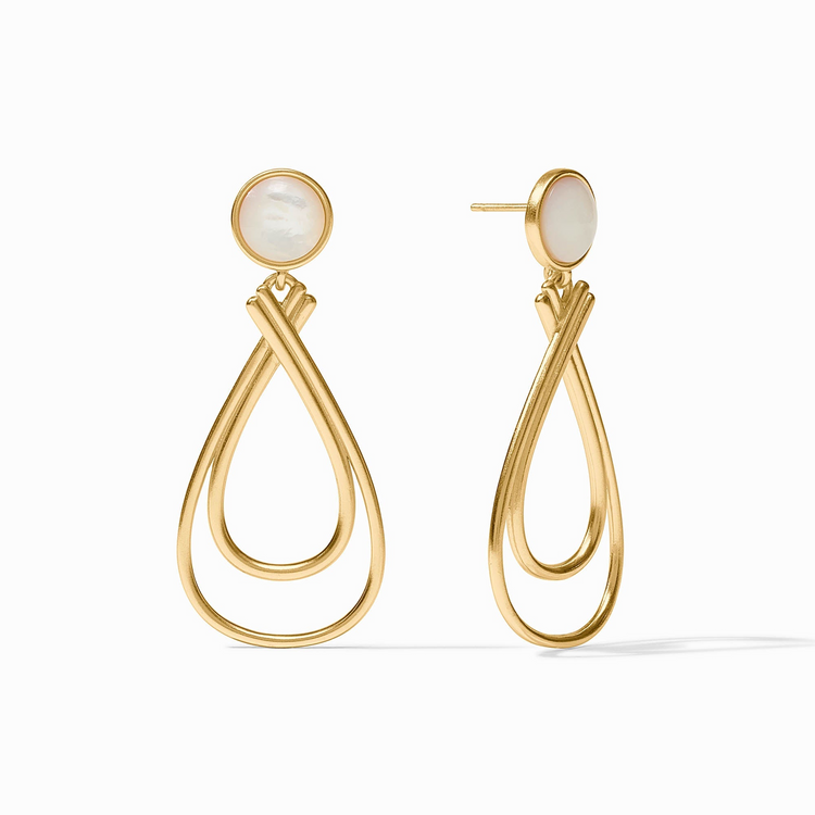 Essex Stone Earrings in 24K gold plate with mother of pearl studs and double teardrop dangles.