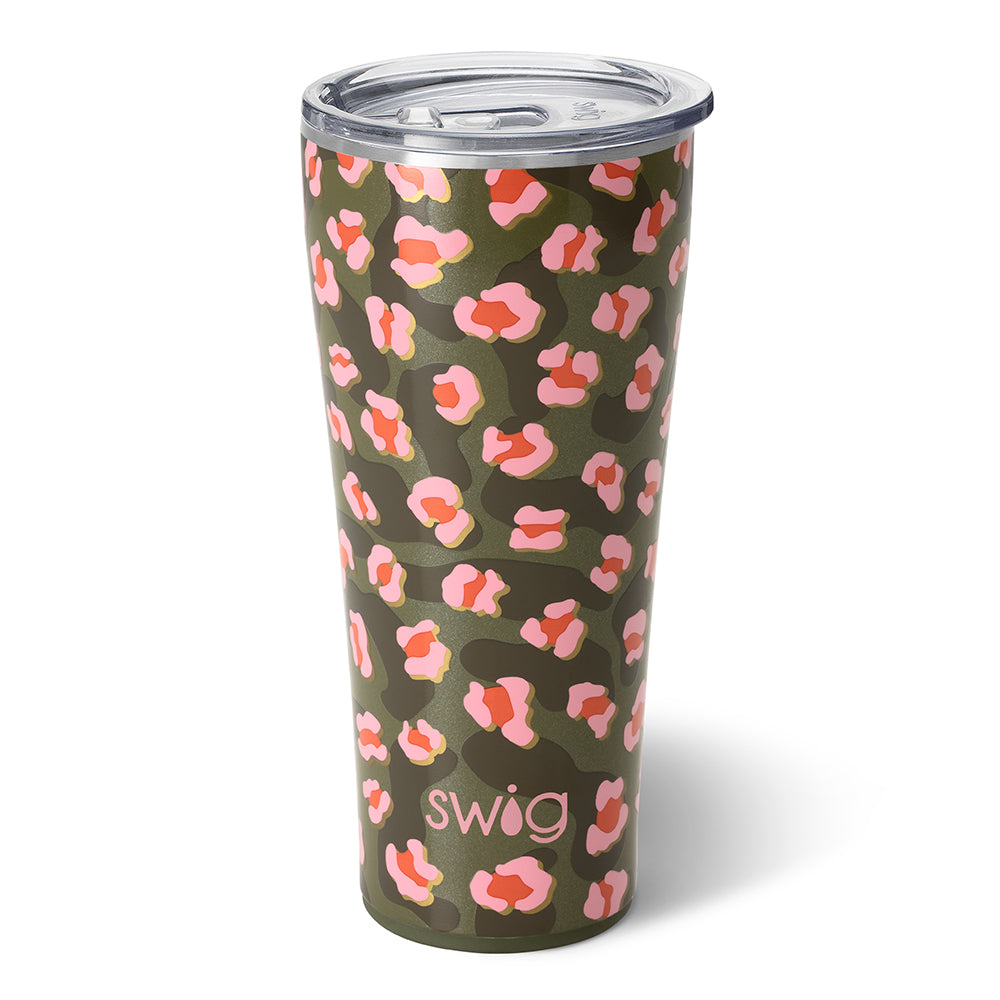 32oz stainless steel tumbler with a neon pink and orange leopard print pattern on olive green.