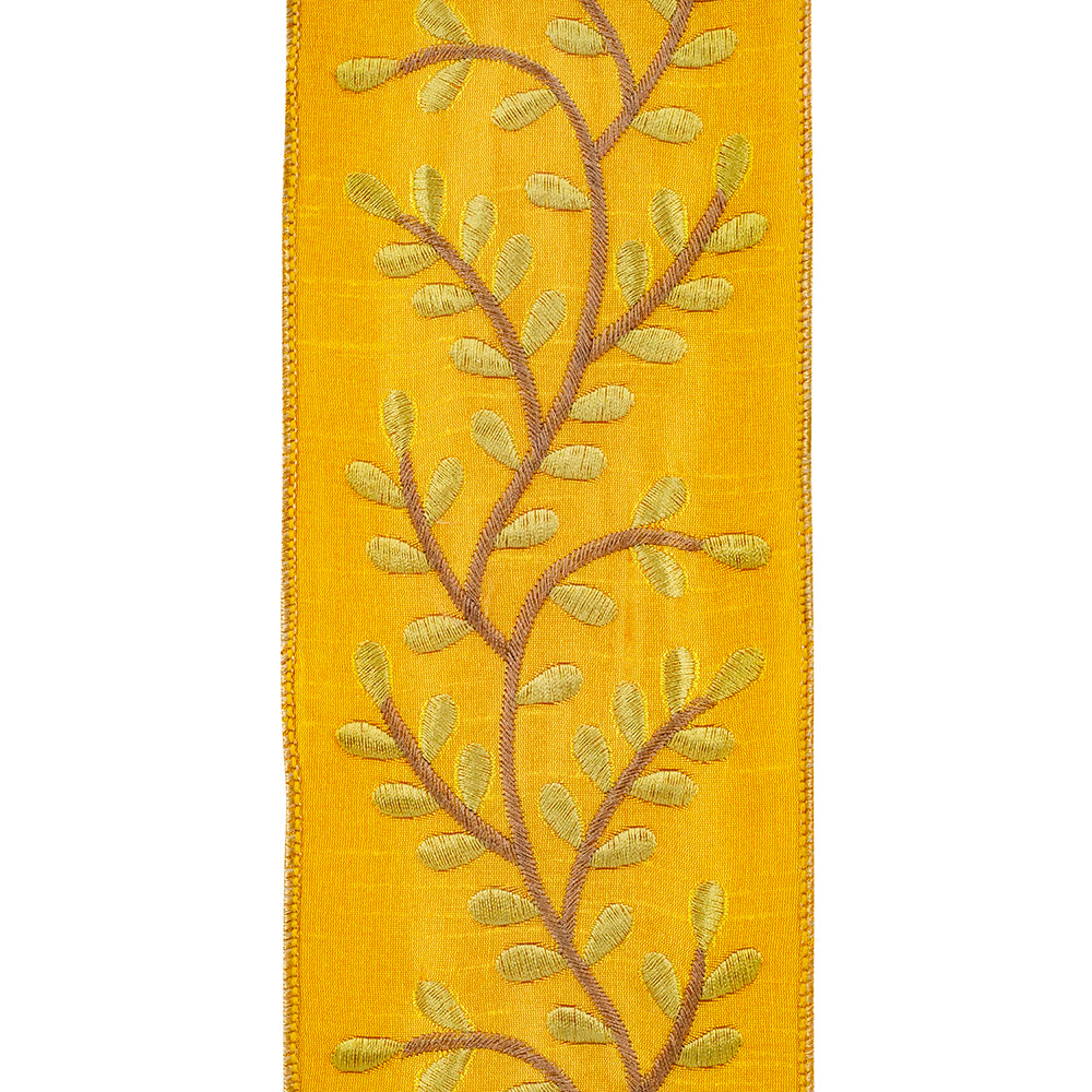 Vine Sunset Deluxe wired edge ribbon in sunset gradient colors with embroidered vine pattern.