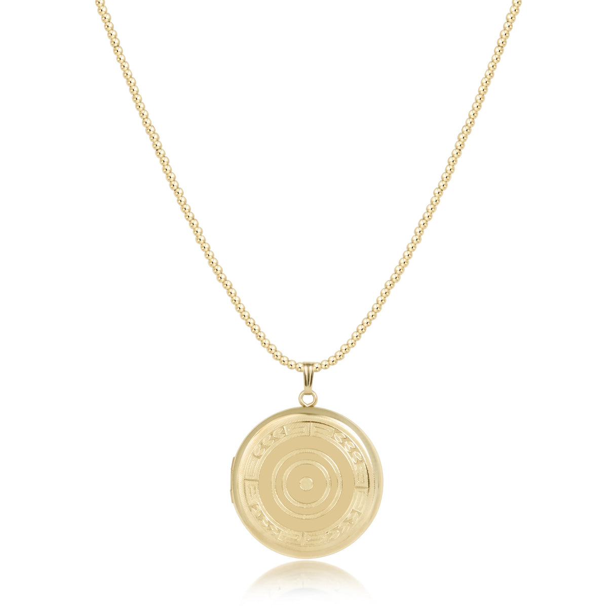 Classic gold beaded choker necklace featuring a large 19mm locket pendant with two heart-shaped cutouts.