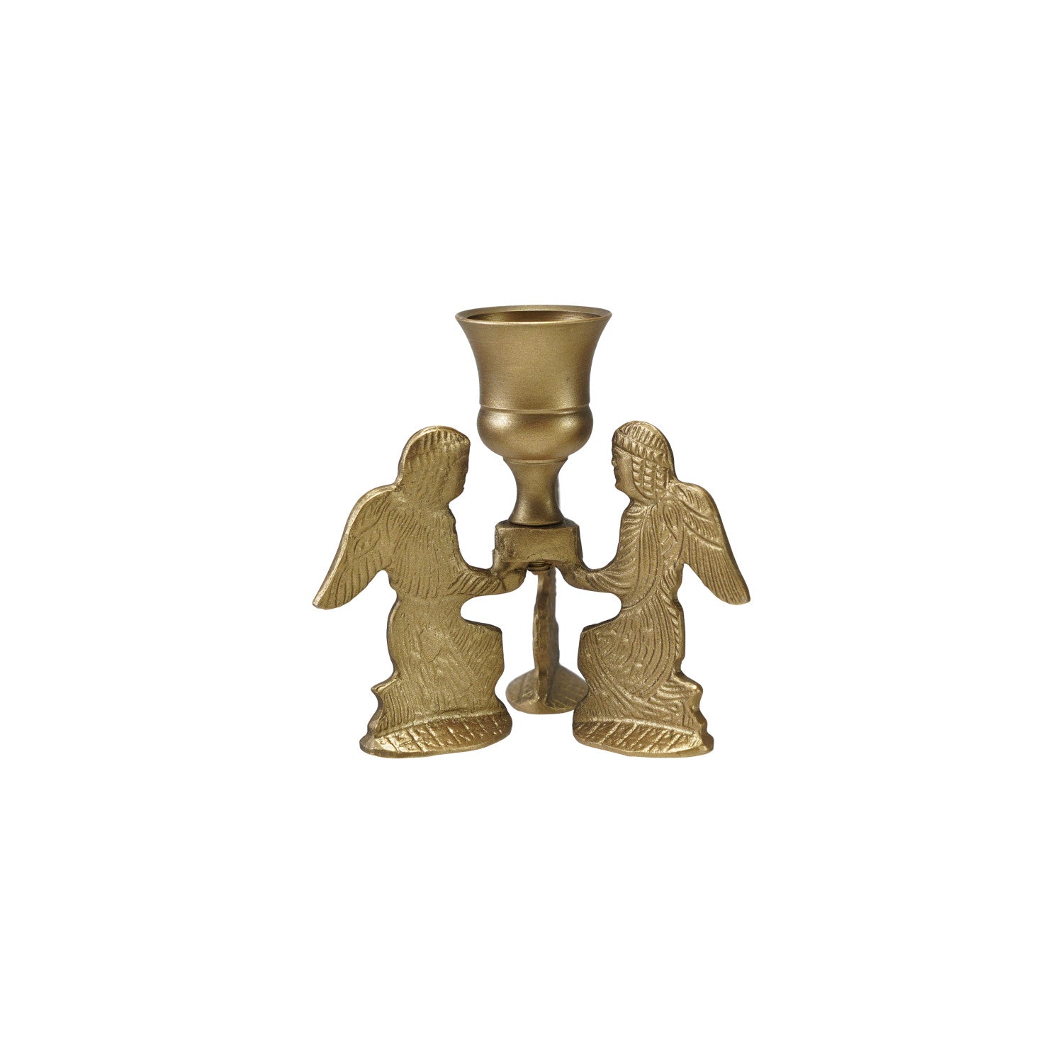 Gold finish metal taper candle holder featuring two kneeling angels supporting a central cup.