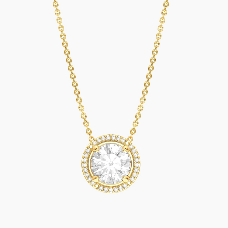 Gold-plated birthstone pendant necklace with a round-cut central stone and diamond halo.