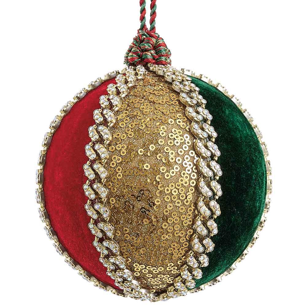 5-inch velvet ball ornament with red, green, and gold sequined panels and jeweled trim.