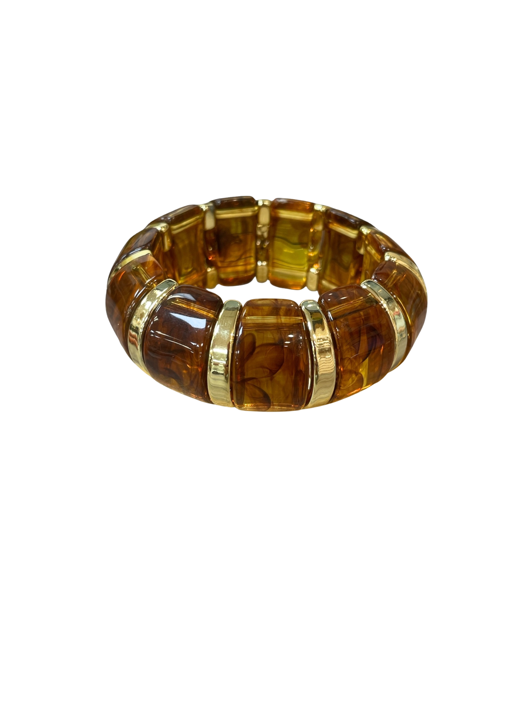 Amber marbled stretch bracelet with chunky rectangular beads and gold-tone spacer rings.