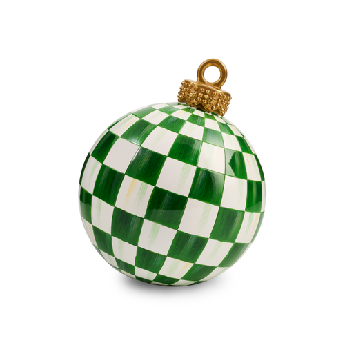 Green and white checkered tabletop ornament with a gold-colored textured cap and hanging loop.