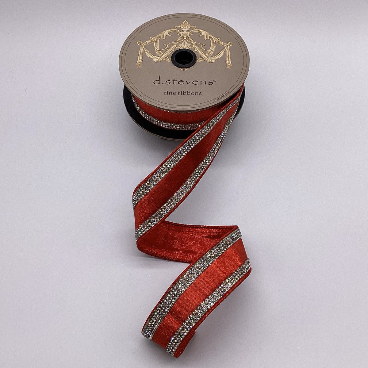 Red metallic dupion fabric with clear crystal jewel stripe pattern