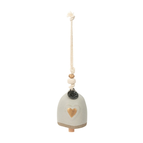 Mini Inspired Bell stoneware candle holder with wood accents and metal cording hanger in natural tones.