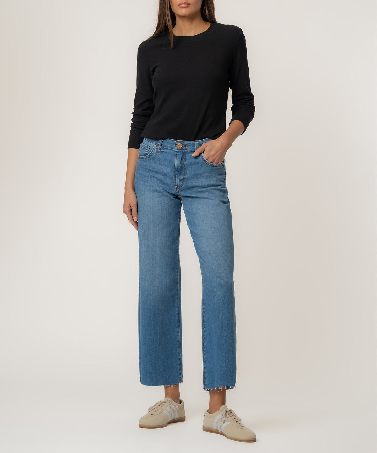 Charlotte high rise wide leg jeans in raw hem with cotton blend fabric