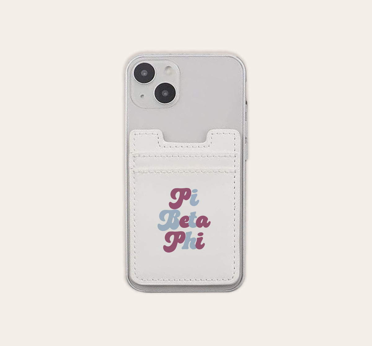 Sorority stick-on phone wallet in pink with Greek letter pattern.