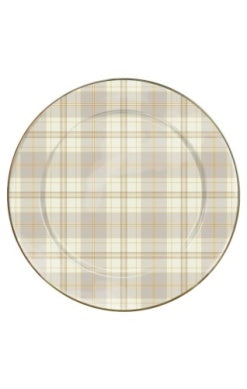 Round Tartan Latte Serving Platter with a beige and cream plaid pattern and a thin brown rim.