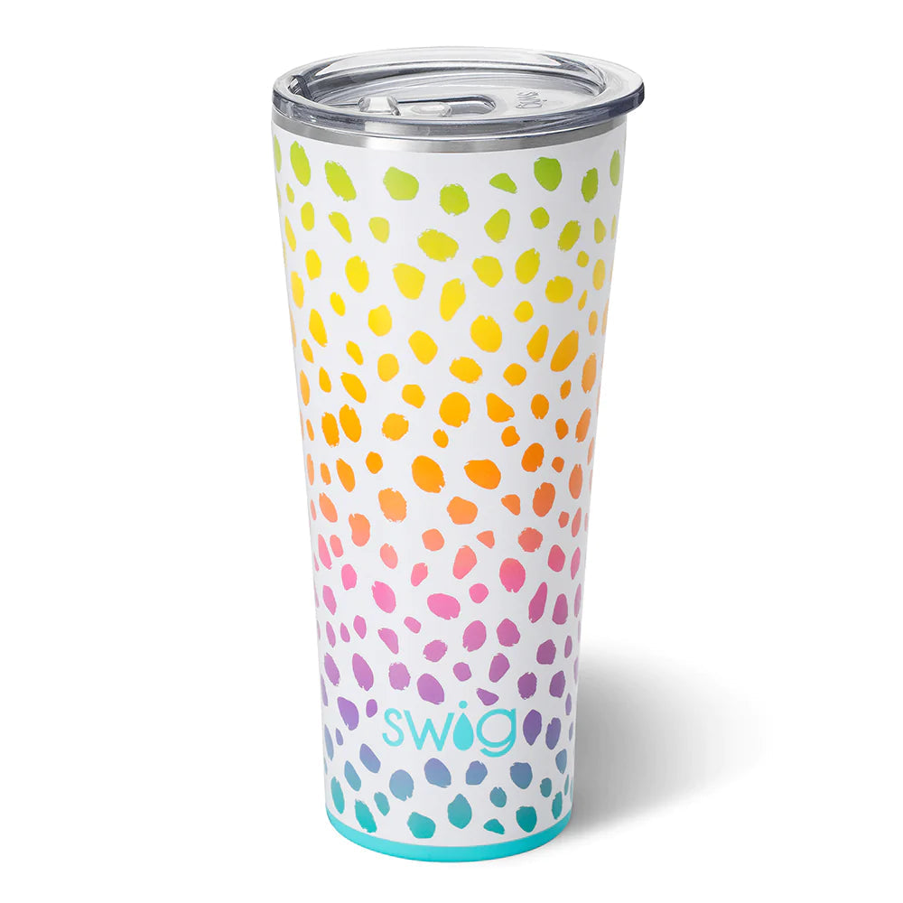 32oz stainless steel tumbler with a colorful neon spotted pattern and a clear lid.