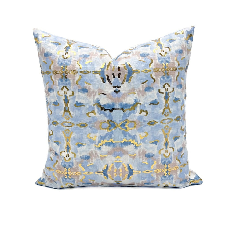 Square gold foil kaleidoscope pillow with geometric circular patterns on a feather fiber blend insert.