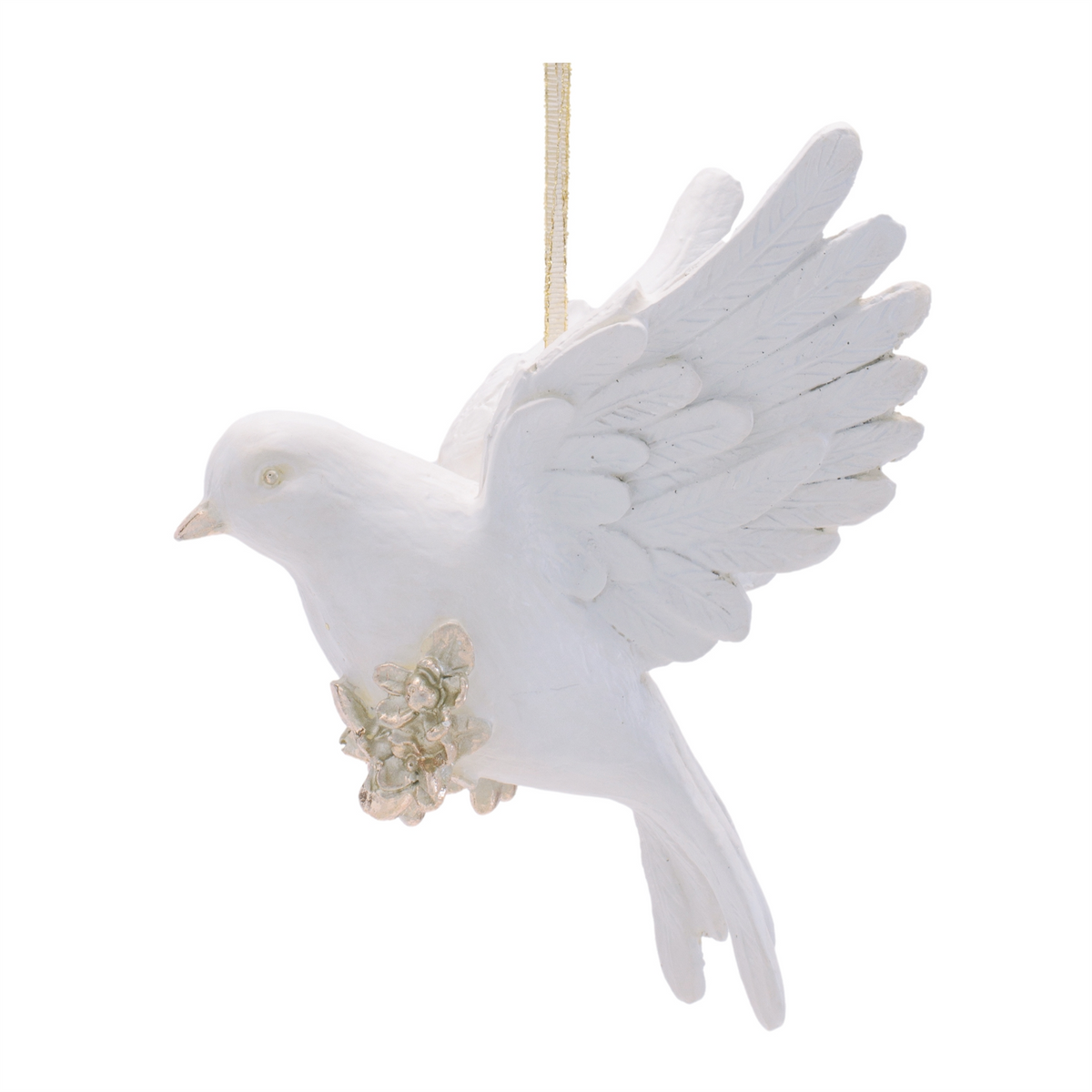 White resin dove ornament with gold floral accents and a hanging ribbon.