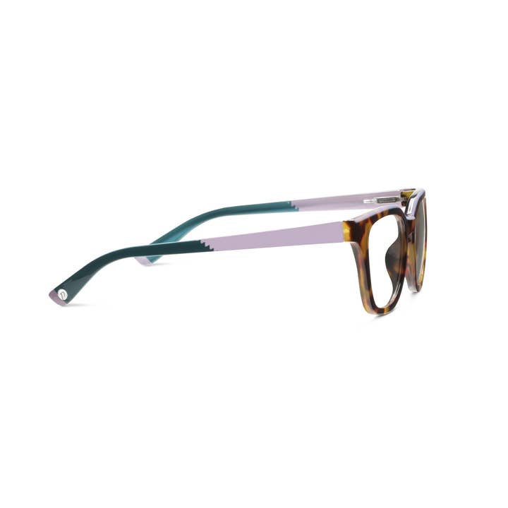 Side view of Le Fun Club glasses with tortoise shell frames and purple and teal temples.