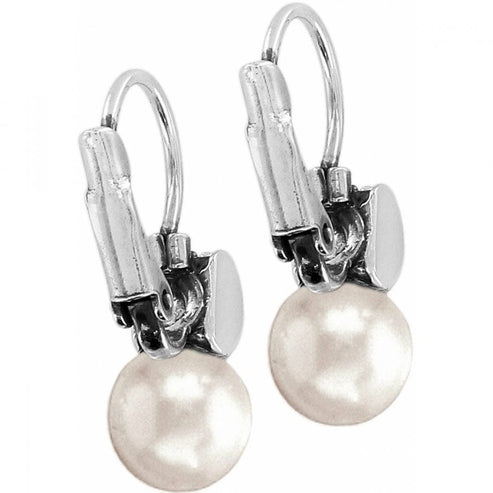 Silver-plated French wire leverback earrings featuring a glass pearl drop with fine quality crystal accents.