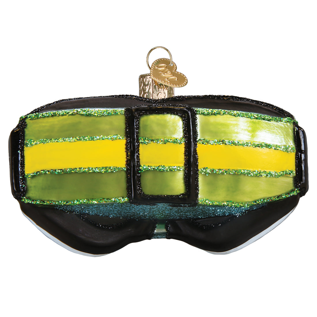 Glass ski goggles ornament with green and yellow lenses, black frame, and glitter accents.