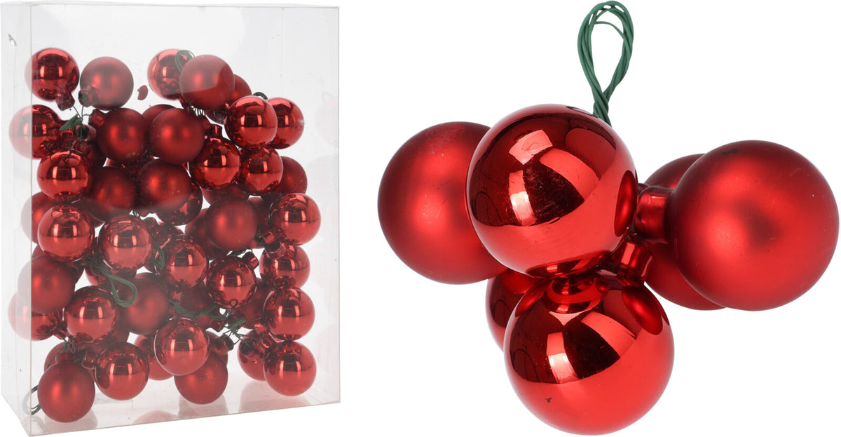Mini red Christmas ball ornaments on green wire, shown in a clear box and as a cluster.