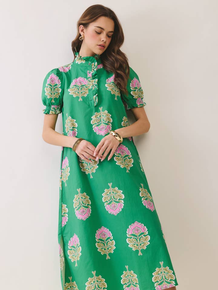 Lysa Floral Print Ruffle Collar Button Down Midi Dress