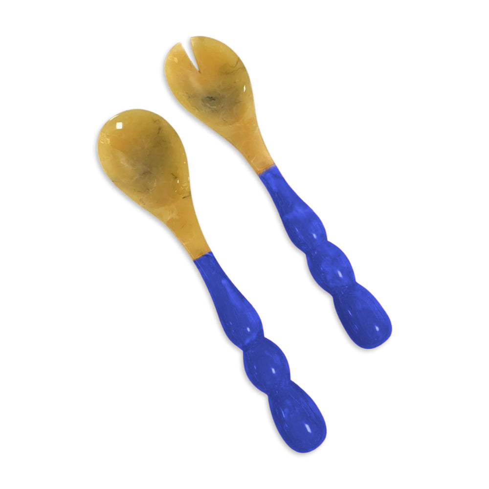 Resin Rio Bubble Salad Servers with translucent blue bubble handles and yellow horn-like heads.