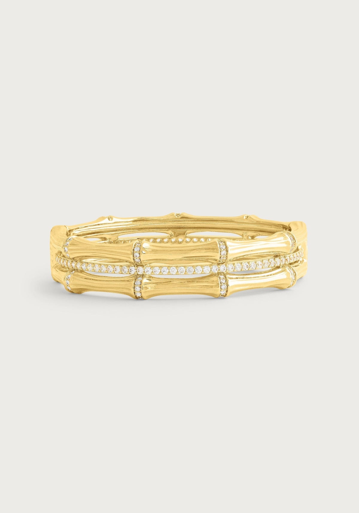 Bamboo Stacked Hinged Bangle in 18K gold-plated brass with crystal pavé accents.
